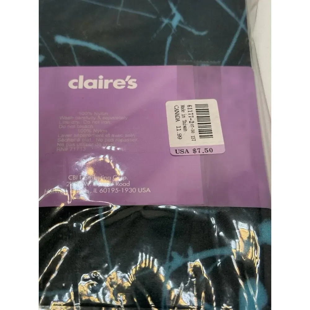 Claires Footless Tights Black Aqua Blue Scribble Womens Size S/M New